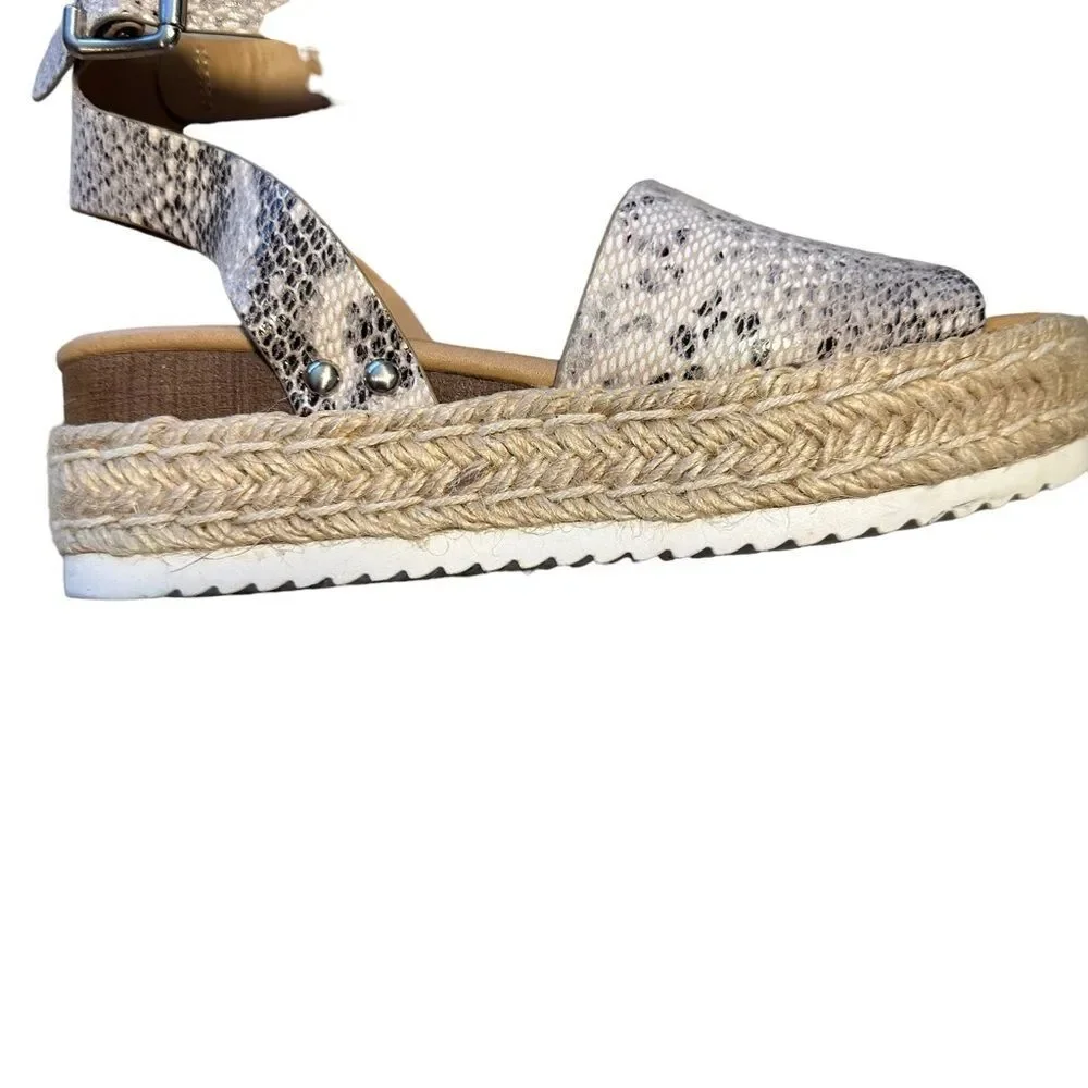 SODA Sandals Snake‎ Print Grey 7 Womens Espadrille Platform Ankle Strap